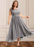 Akira A-Line Scoop Neck Asymmetrical Chiffon Lace Mother of the Bride Dress STI126P0014556