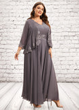 Francesca A-line V-Neck Ankle-Length Chiffon Mother of the Bride Dress With Beading Appliques Lace Sequins STI126P0014558