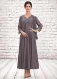 Francesca A-line V-Neck Ankle-Length Chiffon Mother of the Bride Dress With Beading Appliques Lace Sequins STI126P0014558