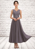 Francesca A-line V-Neck Ankle-Length Chiffon Mother of the Bride Dress With Beading Appliques Lace Sequins STI126P0014558