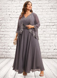 Francesca A-line V-Neck Ankle-Length Chiffon Mother of the Bride Dress With Beading Appliques Lace Sequins STI126P0014558