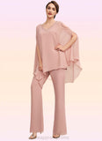 Gabriella Jumpsuit/Pantsuit V-neck Floor-Length Chiffon Mother of the Bride Dress With Beading STI126P0014560