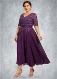 Sabrina A-line V-Neck Tea-Length Chiffon Lace Mother of the Bride Dress With Sequins STI126P0014561