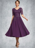 Sabrina A-line V-Neck Tea-Length Chiffon Lace Mother of the Bride Dress With Sequins STI126P0014561