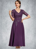 Sabrina A-line V-Neck Tea-Length Chiffon Lace Mother of the Bride Dress With Sequins STI126P0014561