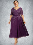 Sabrina A-line V-Neck Tea-Length Chiffon Lace Mother of the Bride Dress With Sequins STI126P0014561