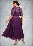 Sabrina A-line V-Neck Tea-Length Chiffon Lace Mother of the Bride Dress With Sequins STI126P0014561