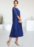 Kathy A-Line Scoop Neck Tea-Length Chiffon Mother of the Bride Dress With Beading Sequins Cascading Ruffles STI126P0014562