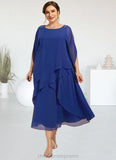 Kathy A-Line Scoop Neck Tea-Length Chiffon Mother of the Bride Dress With Beading Sequins Cascading Ruffles STI126P0014562