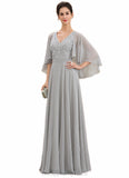 Skylar A-line V-Neck Floor-Length Chiffon Lace Mother of the Bride Dress With Beading Sequins STI126P0014563