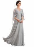 Skylar A-line V-Neck Floor-Length Chiffon Lace Mother of the Bride Dress With Beading Sequins STI126P0014563