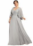 Skylar A-line V-Neck Floor-Length Chiffon Lace Mother of the Bride Dress With Beading Sequins STI126P0014563