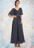 Madeline A-Line V-neck Ankle-Length Chiffon Mother of the Bride Dress With Ruffle Beading Sequins STI126P0014564