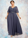 Madeline A-Line V-neck Ankle-Length Chiffon Mother of the Bride Dress With Ruffle Beading Sequins STI126P0014564