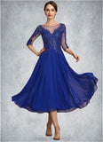 Violet A-Line Scoop Neck Tea-Length Chiffon Lace Mother of the Bride Dress With Sequins STI126P0014565