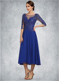 Violet A-Line Scoop Neck Tea-Length Chiffon Lace Mother of the Bride Dress With Sequins STI126P0014565