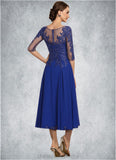 Violet A-Line Scoop Neck Tea-Length Chiffon Lace Mother of the Bride Dress With Sequins STI126P0014565