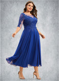 Violet A-Line Scoop Neck Tea-Length Chiffon Lace Mother of the Bride Dress With Sequins STI126P0014565