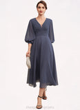 Angelique A-Line V-neck Tea-Length Chiffon Mother of the Bride Dress With Ruffle STI126P0014566