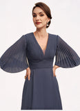 Angelique A-Line V-neck Tea-Length Chiffon Mother of the Bride Dress With Ruffle STI126P0014566