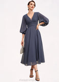 Angelique A-Line V-neck Tea-Length Chiffon Mother of the Bride Dress With Ruffle STI126P0014566