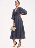 Angelique A-Line V-neck Tea-Length Chiffon Mother of the Bride Dress With Ruffle STI126P0014566