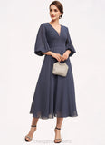 Angelique A-Line V-neck Tea-Length Chiffon Mother of the Bride Dress With Ruffle STI126P0014566