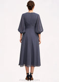 Angelique A-Line V-neck Tea-Length Chiffon Mother of the Bride Dress With Ruffle STI126P0014566