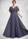 Nyla A-line V-Neck Floor-Length Chiffon Lace Mother of the Bride Dress With Beading Sequins STI126P0014571