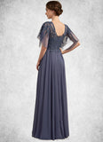 Nyla A-line V-Neck Floor-Length Chiffon Lace Mother of the Bride Dress With Beading Sequins STI126P0014571