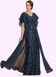 Amelia Sheath/Column V-neck Floor-Length Chiffon Lace Mother of the Bride Dress With Ruffle Sequins STI126P0014573