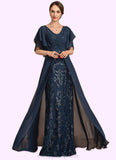 Amelia Sheath/Column V-neck Floor-Length Chiffon Lace Mother of the Bride Dress With Ruffle Sequins STI126P0014573