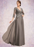 Essence A-Line V-neck Floor-Length Chiffon Lace Mother of the Bride Dress With Sequins STI126P0014574