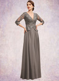 Essence A-Line V-neck Floor-Length Chiffon Lace Mother of the Bride Dress With Sequins STI126P0014574