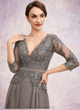 Essence A-Line V-neck Floor-Length Chiffon Lace Mother of the Bride Dress With Sequins STI126P0014574