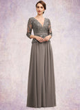 Essence A-Line V-neck Floor-Length Chiffon Lace Mother of the Bride Dress With Sequins STI126P0014574