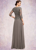 Essence A-Line V-neck Floor-Length Chiffon Lace Mother of the Bride Dress With Sequins STI126P0014574