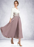 Tatum A-Line V-neck Tea-Length Chiffon Lace Mother of the Bride Dress STI126P0014575