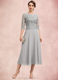 Kitty A-Line Scoop Neck Tea-Length Chiffon Lace Mother of the Bride Dress With Sequins STI126P0014580