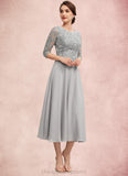 Kitty A-Line Scoop Neck Tea-Length Chiffon Lace Mother of the Bride Dress With Sequins STI126P0014580