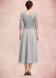 Kitty A-Line Scoop Neck Tea-Length Chiffon Lace Mother of the Bride Dress With Sequins STI126P0014580