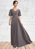 Janey A-Line V-neck Floor-Length Chiffon Mother of the Bride Dress With Ruffle STI126P0014581