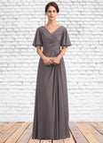 Janey A-Line V-neck Floor-Length Chiffon Mother of the Bride Dress With Ruffle STI126P0014581