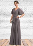 Janey A-Line V-neck Floor-Length Chiffon Mother of the Bride Dress With Ruffle STI126P0014581