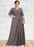 Janey A-Line V-neck Floor-Length Chiffon Mother of the Bride Dress With Ruffle STI126P0014581