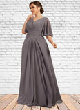 Janey A-Line V-neck Floor-Length Chiffon Mother of the Bride Dress With Ruffle STI126P0014581