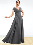 Princess A-Line V-neck Floor-Length Chiffon Mother of the Bride Dress With Ruffle Lace Beading Sequins STI126P0014582