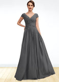 Princess A-Line V-neck Floor-Length Chiffon Mother of the Bride Dress With Ruffle Lace Beading Sequins STI126P0014582