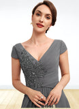 Princess A-Line V-neck Floor-Length Chiffon Mother of the Bride Dress With Ruffle Lace Beading Sequins STI126P0014582