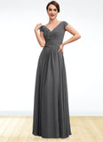 Princess A-Line V-neck Floor-Length Chiffon Mother of the Bride Dress With Ruffle Lace Beading Sequins STI126P0014582